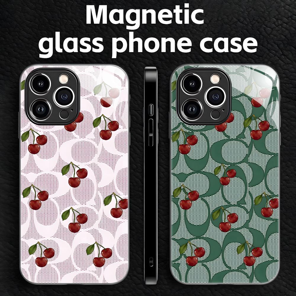 Computer Case - iPhone18、17、16、15、14、13、12、11、X、XR、XS、Plus、Mini、Pro Max対応、チェリー柄の高級感あふれるスマートフォンケース。ガラス製で、磁石が内蔵されています。