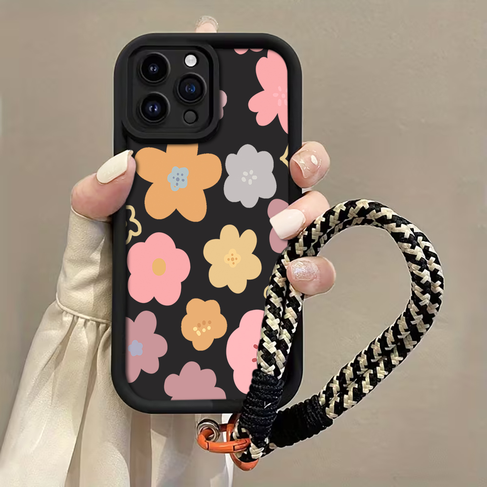 Matte Pc Case - マカロンフラワーストラップロープ付きiPhoneケース iPhone 12 13 14 15
