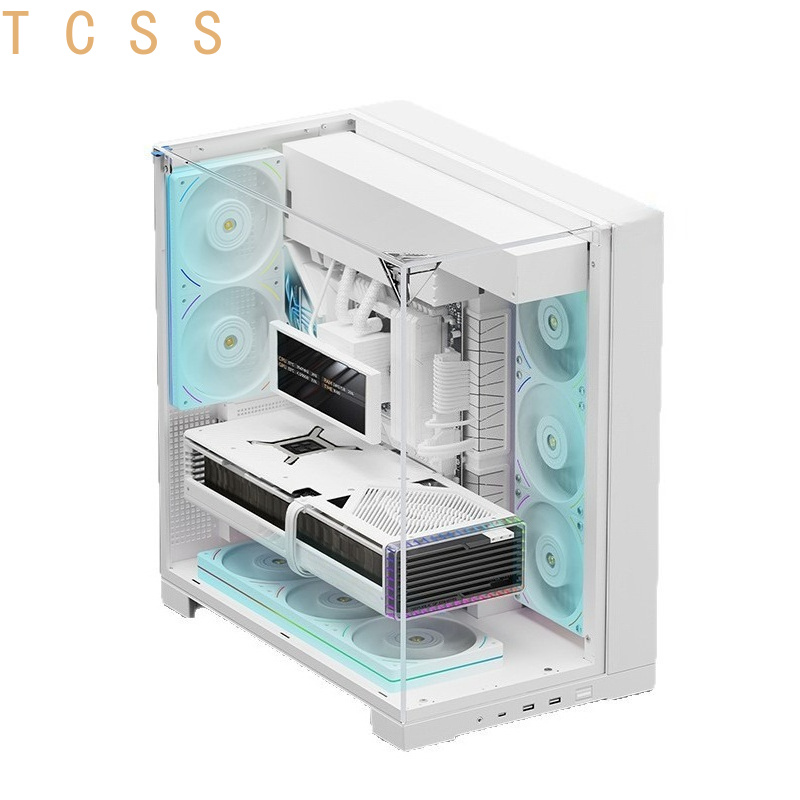 Atx Case - ホワイトパノラマトリプル強化ガラスPCケース、水槽型デスクトップコンピュータシャーシ、ATX対応、360mm液体冷却対応